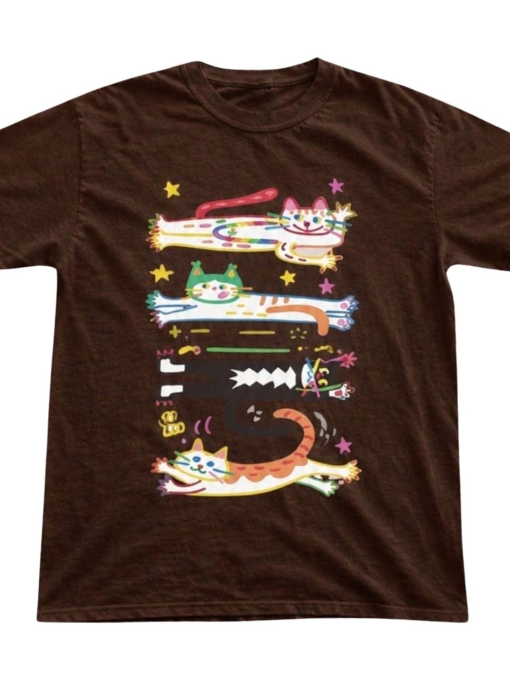 Gildan Brown Tee with Colorful Stretch Cats Graphic